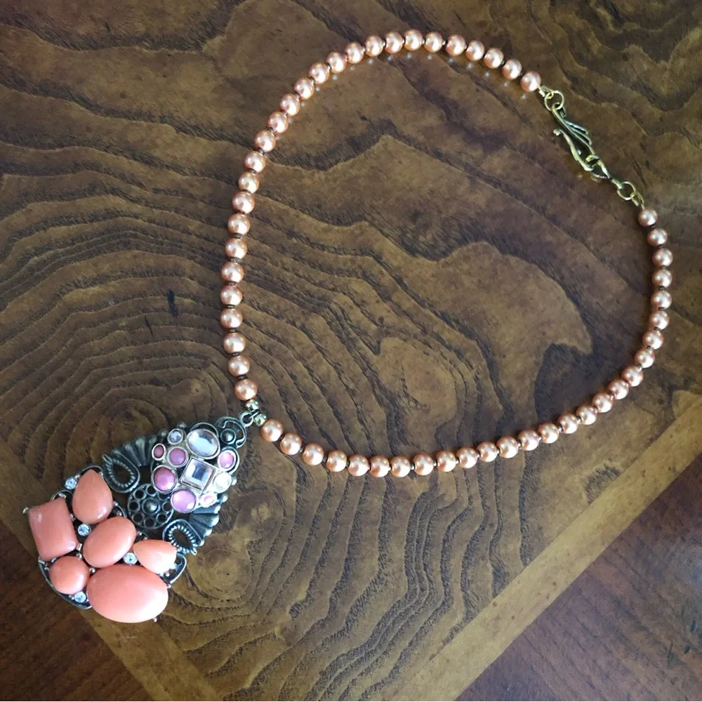 Handcrafted repurpose stone covered filigree pendant Czech glass Pearl necklace